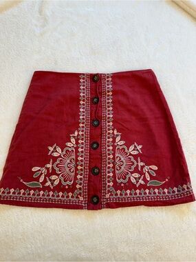 Red Embroidered Button-Front Mini Skirt - Women